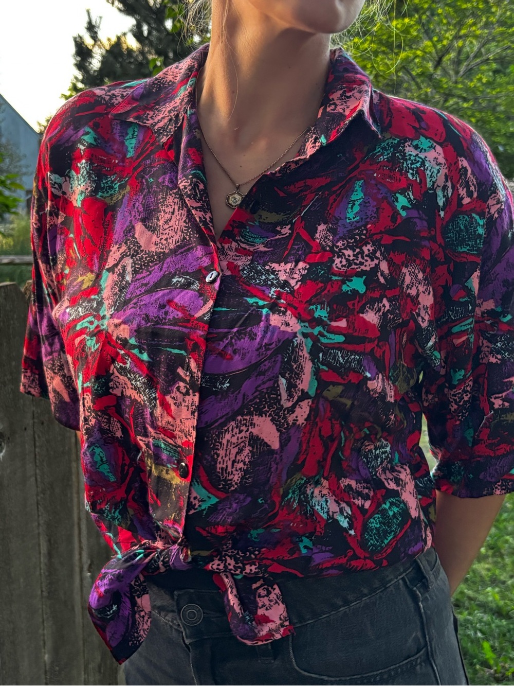 Vintage Abstract Floral Button Up Blouse Medium Hawaiian